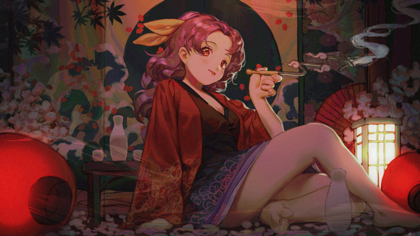 1girl absurdres arm_support bangs barefoot blush breasts chun_lanlanlan cleavage commentary_request hair_ribbon hand_up highres holding holding_pipe indoors kiseru knee_up komakusa_sannyo lantern long_hair looking_at_viewer medium_breasts oiran parted_bangs parted_lips pipe ponytail purple_hair red_eyes red_robe ribbon sitting smile smoke solo tapestry toes touhou yellow_ribbon