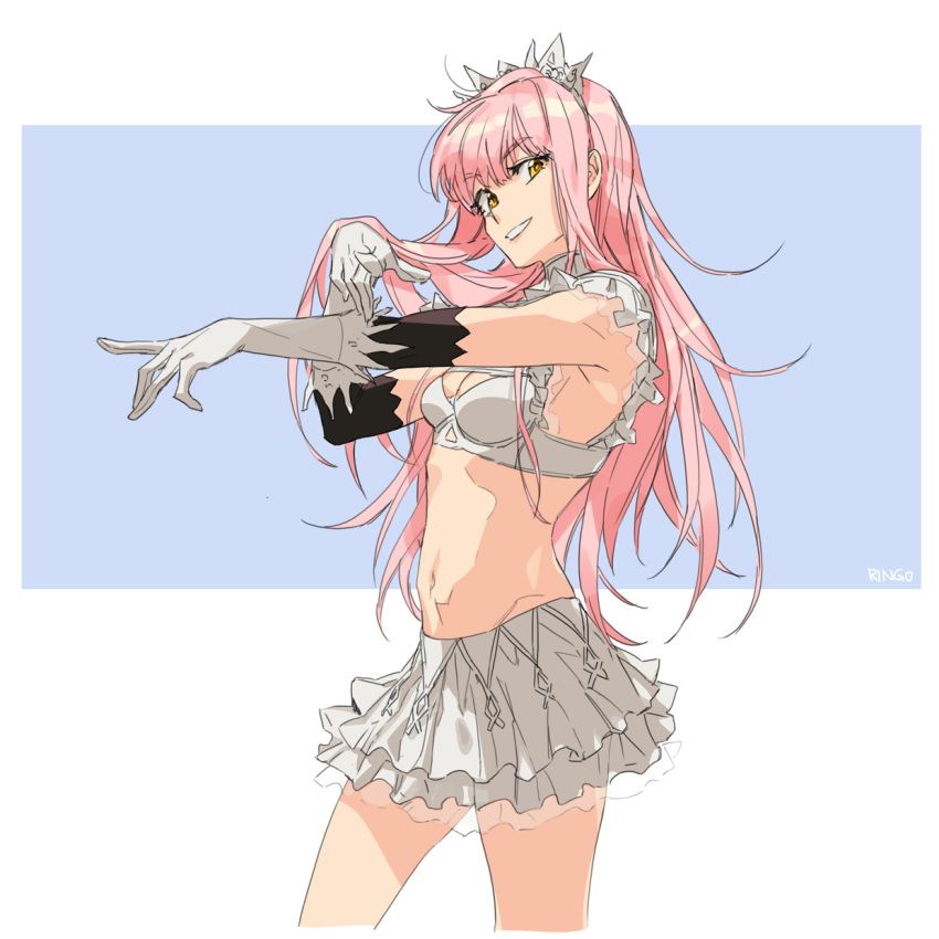 1girl armpits bangs breasts cowboy_shot elbow_gloves eyebrows_visible_through_hair fate/grand_order fate_(series) frilled_skirt frilled_sleeves frills from_side g0ringo gloves groin highres layered_gloves long_hair looking_at_viewer medb_(fate) medb_(fate)_(all) navel pink_hair pointing pointing_at_viewer skirt smile solo tiara white_gloves white_skirt yellow_eyes