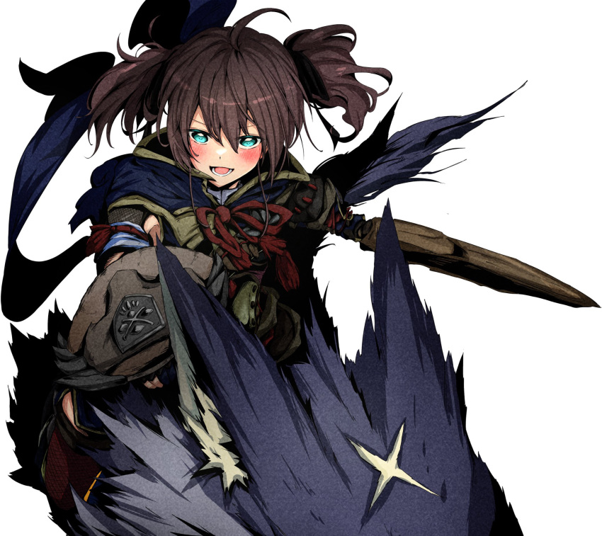 1girl :d ahoge animal aoi_rt0 armor bangs blue_cape blue_eyes blush brown_hair buckler canyne cape dog eyebrows_visible_through_hair full_body gloves hair_between_eyes highres holding holding_sword holding_weapon hololive japanese_clothes kamura_(armor) long_sleeves looking_at_viewer lower_teeth monster_hunter_(series) monster_hunter_rise natsuiro_matsuri open_mouth outstretched_arm red_ribbon ribbon shield short_hair sidelocks simple_background smile solo_focus sword tassel thighhighs virtual_youtuber weapon white_background