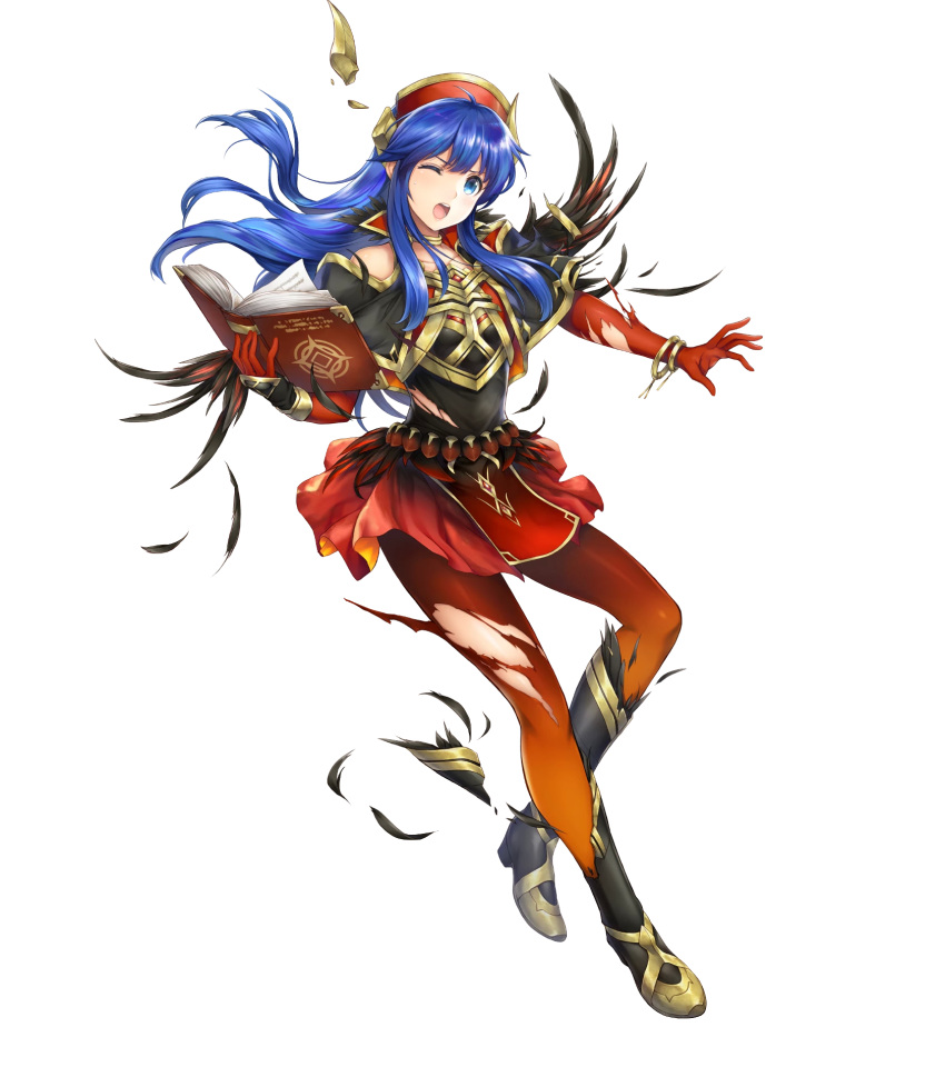 1girl alternate_costume armor bangs bare_shoulders blue_eyes blue_hair book boots bracelet elbow_gloves feather_trim fire_emblem fire_emblem:_the_binding_blade fire_emblem_heroes full_body gloves gold_trim gradient gradient_clothes hat highres holding holding_book jewelry lilina_(fire_emblem) long_hair looking_away miniskirt official_art one_eye_closed open_book open_mouth pantyhose red_gloves red_skirt shiny shiny_hair shiny_skin sidelocks skirt solo torn_clothes yamada_koutarou