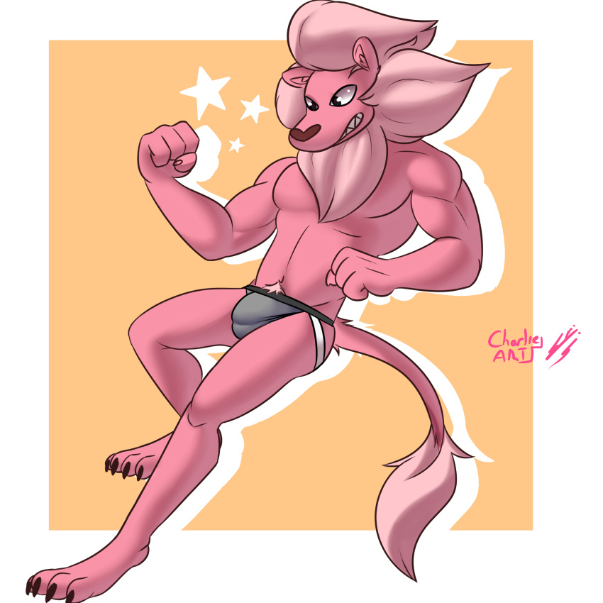 1:1 4_fingers 4_toes anthro cartoon_network charlieleobo clothing feet felid fingers fur hair hi_res jockstrap lion lion_(steven_universe) male mammal muscular muscular_anthro muscular_male pantherine pink_body pink_fur simple_background solo steven_universe toes underwear