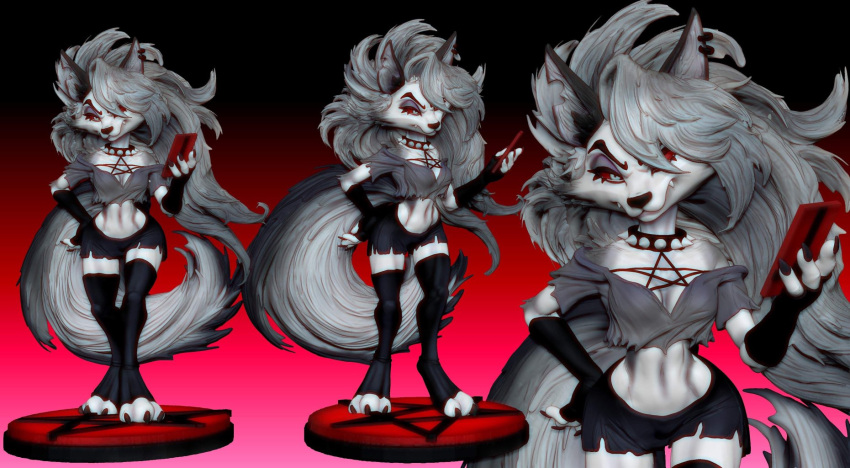 2021 3d_(artwork) angry anthro armwear athletic athletic_anthro athletic_female barefoot big_hair black_armwear black_claws black_clothing black_nails black_nose black_toe_claws bottomwear breasts canid canid_demon canine cellphone claws cleavage clothed clothing collar colored_nails cute_fangs demon digital_media_(artwork) ear_piercing ears_up eyebrows eyelashes eyeliner fangs feet female fluffy fluffy_hair fluffy_tail fur grey_body grey_clothing grey_fur grey_hair grey_topwear grumpy hair hand_on_hip harness hellhound helluva_boss hi_res inner_ear_fluff joputapelirrojo legwear lips long_hair loona_(vivzmind) makeup mammal mascara monster nails navel notched_ear pants pentagram pentagram_harness phone piercing pink_lips pupils red_eyes slit_pupils smartphone snout solo spiked_collar spikes thick_thighs thigh_gap toe_claws topwear torn_bottomwear torn_clothing torn_pants torn_topwear tuft upside_down_cross wavy_hair wavy_tail white_body white_fur wide_hips