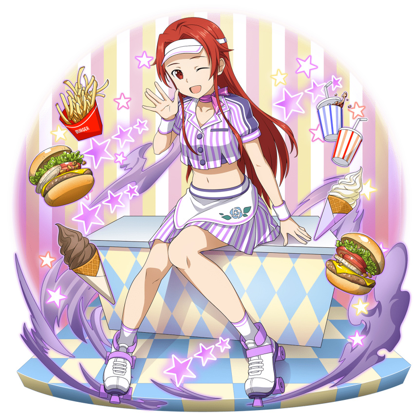 1girl ;d apron collarbone food full_body hair_intakes hamburger highres jacket long_hair looking_at_viewer midriff miniskirt navel official_art one_eye_closed open_mouth pleated_skirt purple_neckwear red_eyes red_hair roller_skates shiny shiny_hair short_sleeves sitting skates skirt smile socks solo stomach striped sword_art_online sword_art_online:_memory_defrag tiese_schtrinen transparent_background vertical-striped_jacket vertical-striped_skirt vertical_stripes very_long_hair visor_cap waist_apron white_apron white_legwear wristband