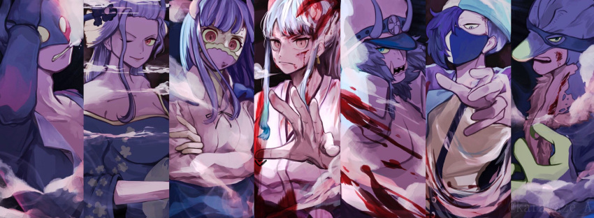 3girls 4boys alternate_form bare_shoulders black_maria_(one_piece) blood blood_on_face blood_splatter bloody_clothes breasts brother_and_sister cigarette cleavage coat coat_on_shoulders covering_mouth crossed_arms earrings eye_mask fangs fishman hat highres horns horns_through_headwear injury japanese_clothes jewelry kataginu kimono long_hair long_sleeves looking_at_viewer mask mouth_hold mouth_mask multiple_boys multiple_girls one_eye_closed one_piece page_one_(one_piece) pectorals rairo_yusa reaching_out sasaki_(one_piece) serious shirt short_hair siblings sidelocks smile smoke smoking suspenders ulti_(one_piece) who's_who_(one_piece) x_drake yamato_(one_piece)