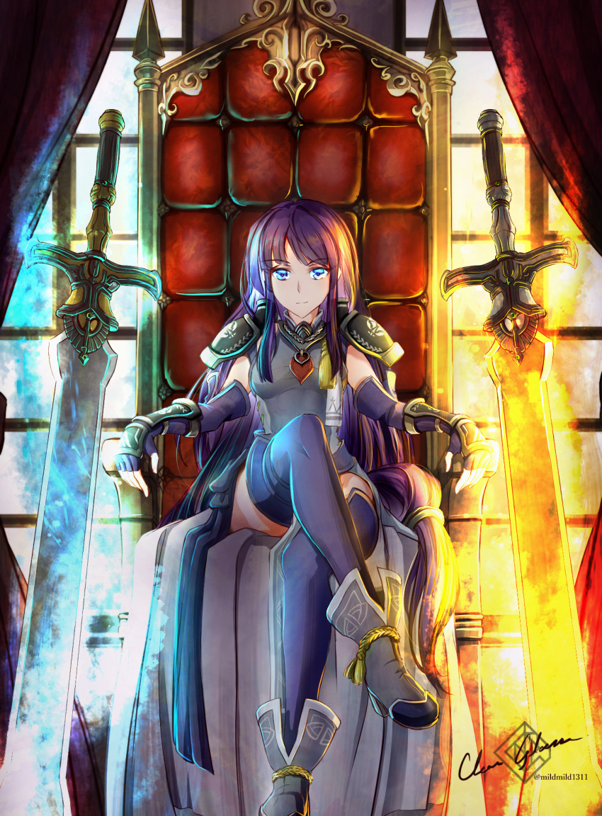 1girl abs alondite altina arm_guards armor artist_name blue_eyes blue_legwear boots clear_glass_(mildmild1311) crossed_legs fingerless_gloves fire_emblem fire_emblem:_radiant_dawn fire_emblem_heroes gloves glowing glowing_weapon highres huge_weapon indoors long_hair purple_eyes ragnell shoulder_armor signature sitting smile solo sword throne twitter_username weapon window