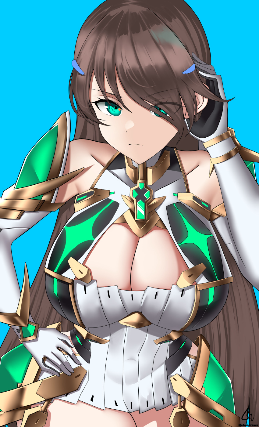 1girl absurdres bangs bare_shoulders breasts brown_hair chest_jewel chu-e cleavage cleavage_cutout clothing_cutout cosplay covered_navel cowboy_shot dress elbow_gloves eyebrows_visible_through_hair eyes_visible_through_hair gloves green_eyes hand_on_hip highres huge_filesize large_breasts leaning_forward long_hair looking_at_viewer mythra_(xenoblade) mythra_(xenoblade)_(cosplay) shion_uzuki short_dress solo very_long_hair white_dress white_gloves xenoblade_chronicles_(series) xenoblade_chronicles_2 xenosaga