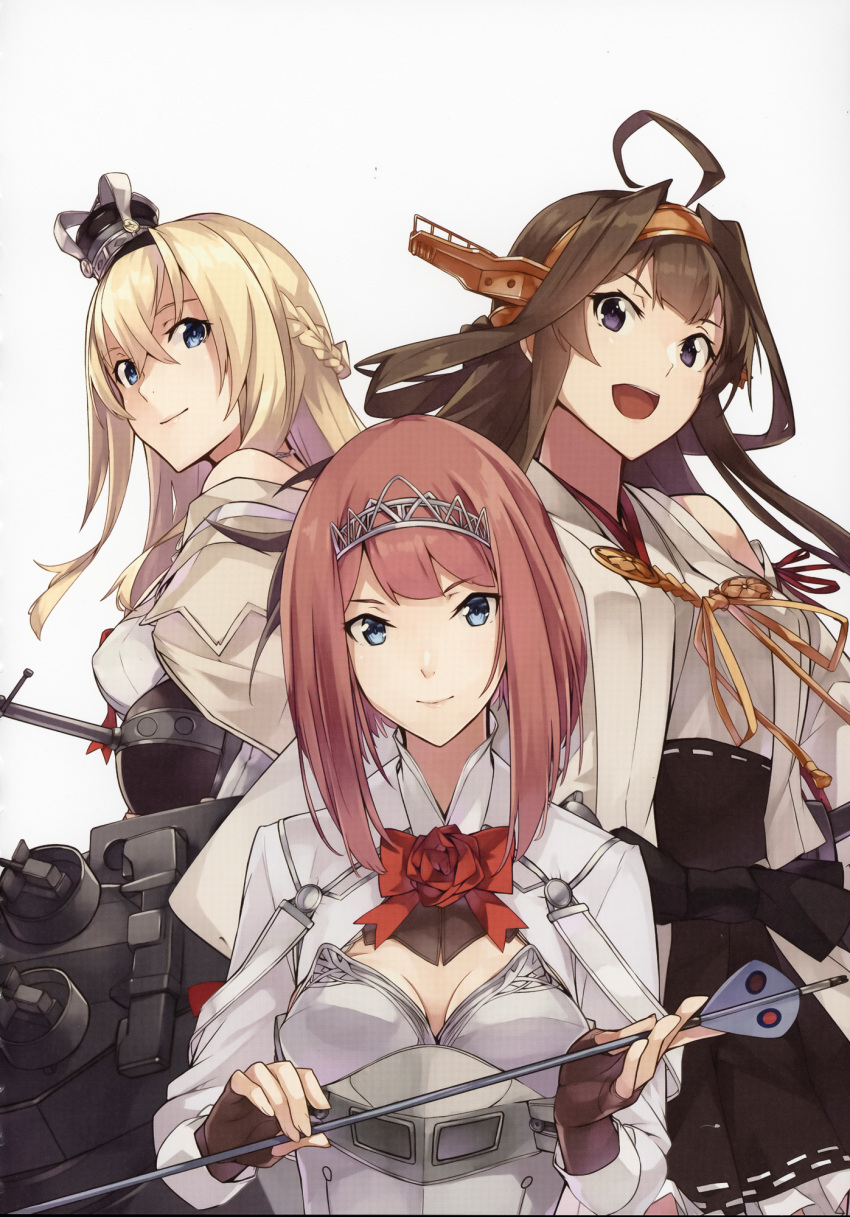 3girls ahoge ark_royal_(kancolle) arrow_(projectile) bangs blonde_hair blue_eyes blunt_bangs bob_cut braid breasts brown_hair character_name cleavage_cutout clothing_cutout corset crown detached_sleeves double_bun dress fingerless_gloves flower french_braid gloves hair_between_eyes hairband headgear highres inverted_bob japanese_clothes jewelry kantai_collection kongou_(kancolle) konishi_(koconatu) large_breasts long_hair long_sleeves looking_at_viewer machinery mini_crown multiple_girls necklace nontraditional_miko off-shoulder_dress off_shoulder purple_eyes ranguage red_flower red_hair red_ribbon red_rose remodel_(kantai_collection) ribbon ribbon-trimmed_sleeves ribbon_trim rose scan scan_artifacts scepter short_hair tiara tsurime upper_body warspite_(kancolle) white_background white_corset white_dress