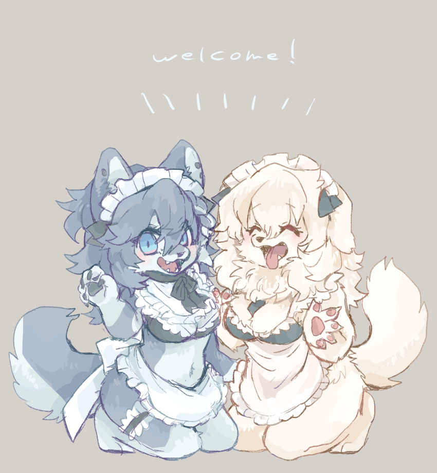 2021 5_fingers anthro belly blue_eyes blush breasts canid canine canis cleavage clothed clothing daww domestic_dog duo english_text eyes_closed female fingers fluffy fluffy_tail fur grey_body grey_fur grey_hair hair hi_res kemonngo kemono kneeling long_hair looking_at_viewer maid_uniform mammal medium_breasts navel open_mouth open_smile pawpads simple_background smile snout teeth text tongue tongue_out uniform white_body white_fur white_hair wolf