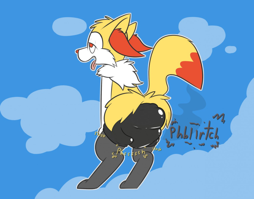 2021 anthro big_ears bodily_fluids bottomwear braixen breath butt canid canine clothed clothing crouching dirty_bottomwear english_text extended_arm fart feces feet female filth filthy fluffy fluffy_tail fox fur genital_fluids gesture hand_on_leg hand_on_own_leg hand_on_own_thigh hand_on_thigh happy hindpaw holding_leg holding_thigh hyper_mess hyper_messing leaning_on_self long_ears mammal nintendo obsidian_(character) open_mouth open_smile orange_body orange_fur pants paws peeing pok&eacute;mon pok&eacute;mon_(species) pooping red_body red_eyes red_fur relieved ritzcat rubber rubber_suit scat smile soiling solo sound_effects standing story story_in_description text urine video_games wetting yellow_body yellow_fur