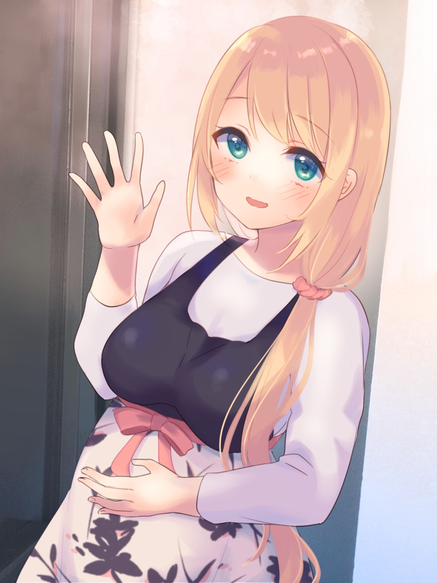 1girl :d absurdres black_dress blush breasts commentary_request dress gucchiann hair_ornament hair_over_shoulder hair_scrunchie hand_up highres indie_virtual_youtuber light_brown_hair long_hair long_sleeves looking_at_viewer medium_breasts nakishaku_yogaru open_mouth red_scrunchie scrunchie shirt sleeveless sleeveless_dress smile solo very_long_hair virtual_youtuber white_shirt