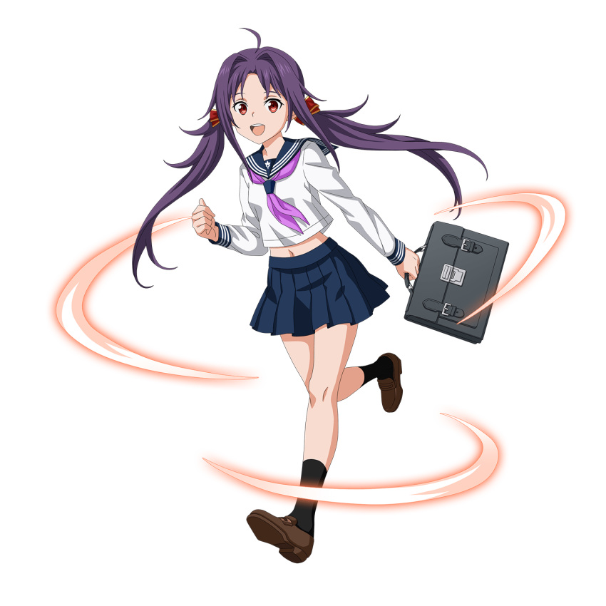 1girl ahoge bag black_legwear blue_sailor_collar blue_skirt brown_footwear collared_shirt full_body hair_intakes highres holding holding_bag kneehighs leg_up loafers long_hair long_sleeves looking_at_viewer midriff miniskirt navel neckerchief official_art pleated_skirt purple_hair purple_neckwear red_eyes running sailor_collar sailor_shirt school_uniform serafuku shiny shiny_hair shirt shoes skirt solo stomach sword_art_online sword_art_online:_memory_defrag transparent_background very_long_hair white_shirt yuuki_(sao)