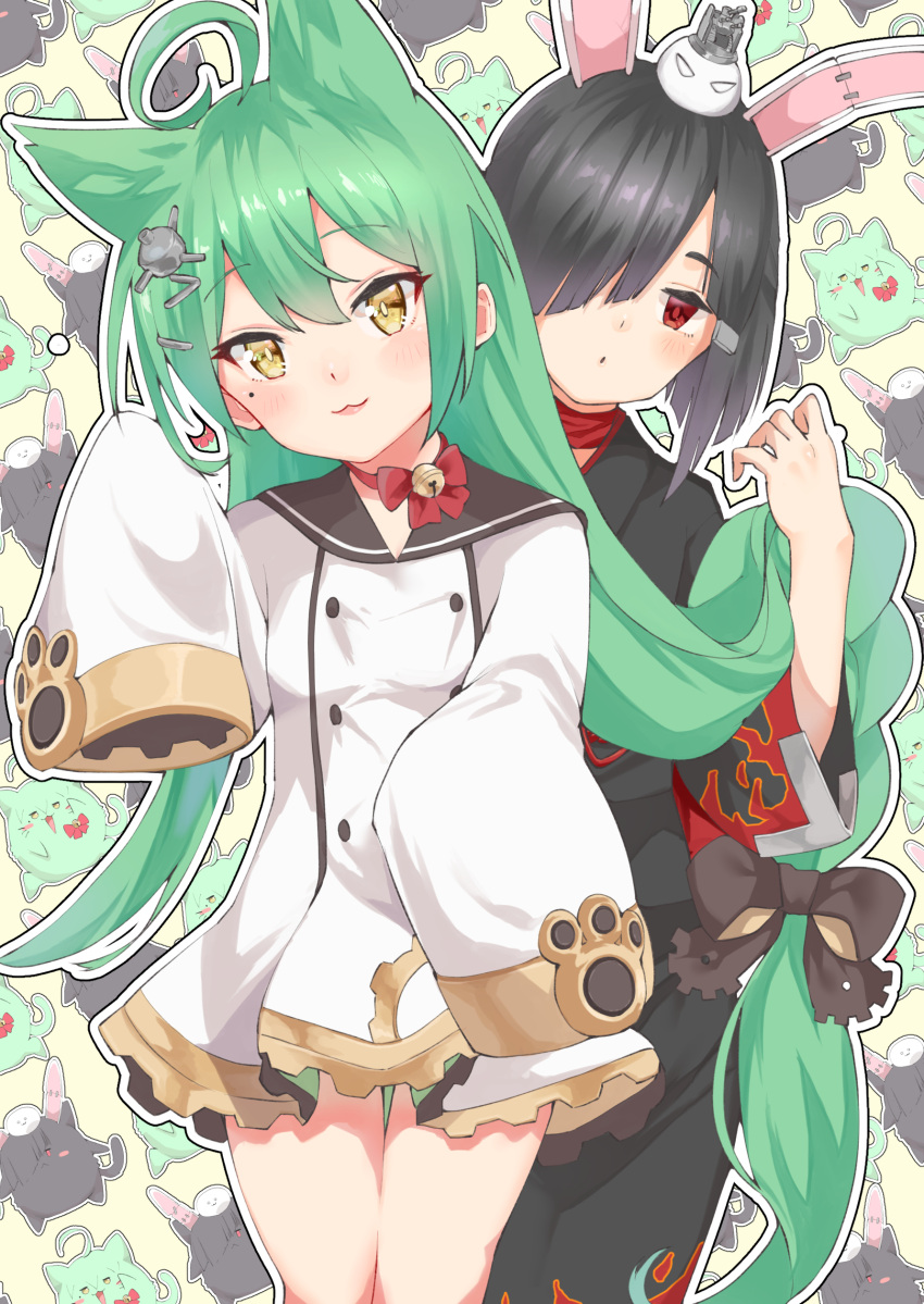 2girls :3 absurdly_long_hair absurdres akashi_(azur_lane) animal_ears animalization azur_lane bangs black_hair black_kimono blush braid bunny_ears carrying cat choker commentary_request eyebrows_visible_through_hair green_hair hair_over_one_eye hair_ribbon headgear highres japanese_clothes kimono long_hair long_sleeves looking_at_viewer mashiro_kta mechanical_ears meowfficer_(azur_lane) mole mole_under_eye multiple_girls red_eyes ribbon shiranui_(azur_lane) short_hair sidelocks single_braid sleeves_past_wrists smile very_long_hair wide_sleeves yellow_eyes