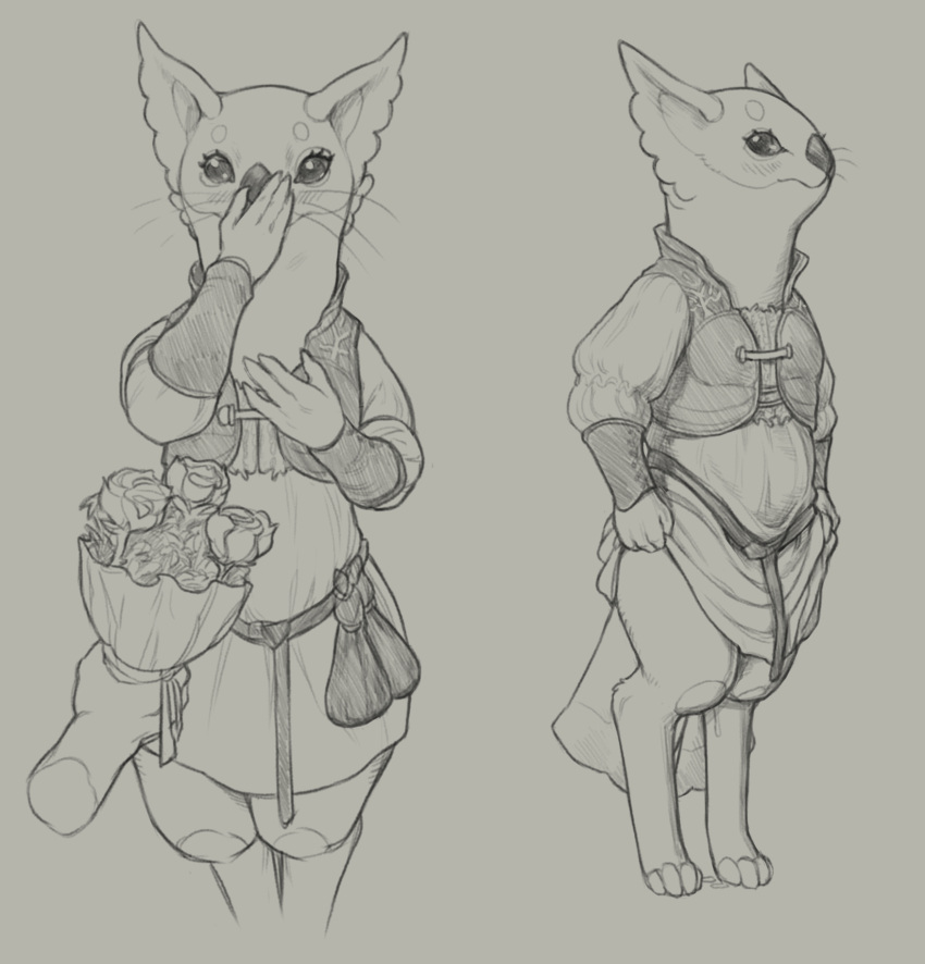 anthro belt black_desert_online bouquet clothed clothing covering covering_mouth crestfallenartist disembodied_hand dress duo female flower grey_background hi_res humanoid_hands mammal monochrome mustelid papu plant rose_(flower) simple_background standing topwear vest whiskers