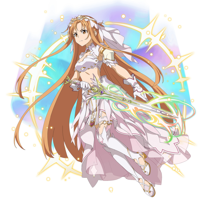 1girl armor asuna_(sao-alo) bra breasts brown_eyes brown_hair cleavage closed_mouth diadem floating_hair frown full_body gloves highres holding holding_sword holding_weapon long_hair medium_breasts midriff official_art shoulder_armor skirt solo stomach sword sword_art_online sword_art_online:_memory_defrag thighhighs transparent_background underwear very_long_hair weapon white_bra white_gloves white_legwear white_skirt