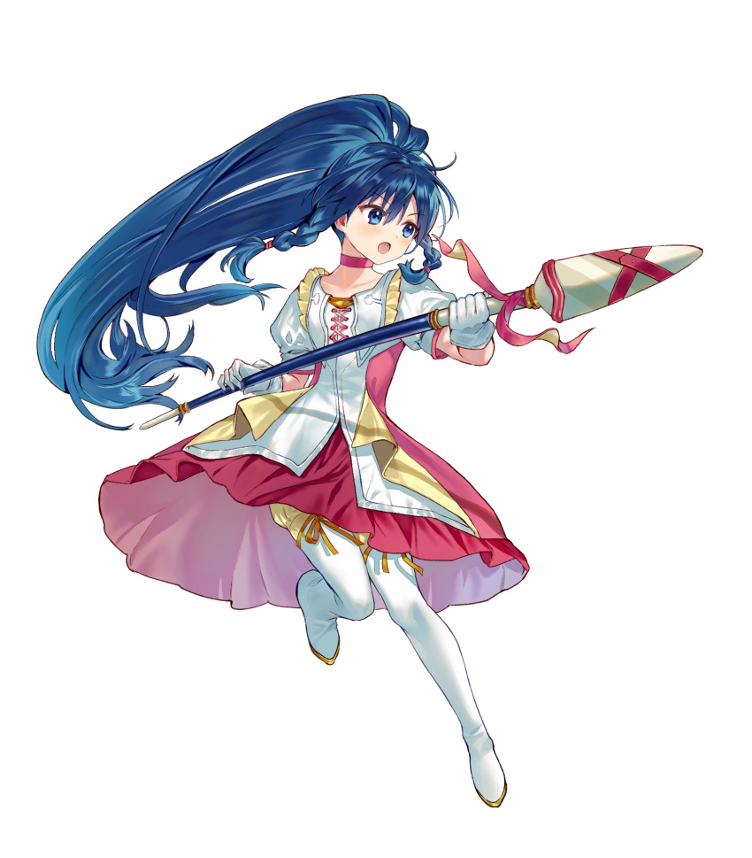 1girl bangs blue_eyes blue_hair blush boots bow bowtie braid choker collarbone dress eyebrows_visible_through_hair fire_emblem fire_emblem:_the_sacred_stones fire_emblem_heroes frills full_body gloves hanekoto high_ponytail highres holding holding_spear holding_weapon leg_up long_hair looking_away official_art open_mouth polearm ponytail puffy_short_sleeves puffy_sleeves shiny shiny_hair short_dress short_sleeves solo spear tana_(fire_emblem) thigh_boots thighhighs transparent_background twin_braids weapon white_footwear white_gloves younger