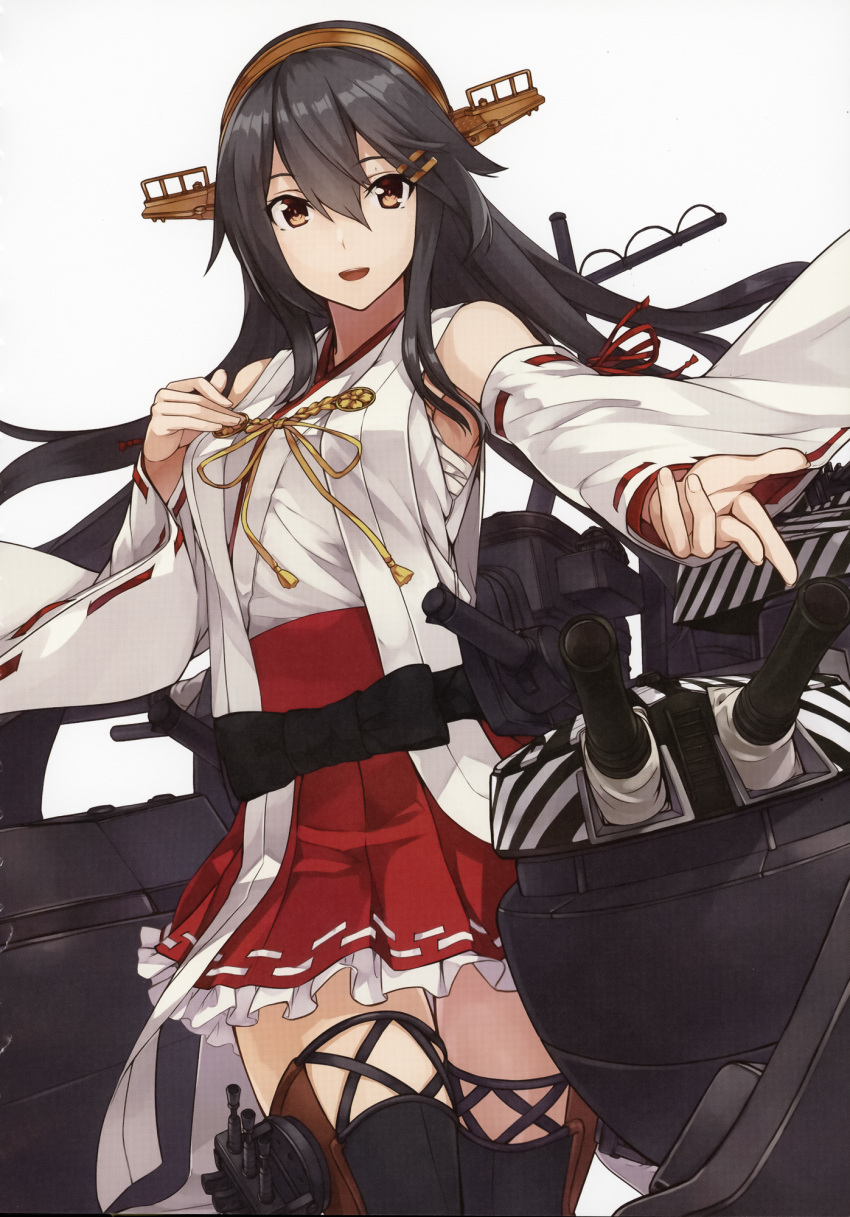 1girl arms_up bangs bare_shoulders black_ribbon breasts camouflage cherry_blossoms cowboy_shot eyebrows_visible_through_hair flower frills grey_hair hair_between_eyes hair_ornament hairclip hand_on_own_chest haruna_(kancolle) headgear highres kantai_collection konishi_(koconatu) large_breasts long_hair machinery nontraditional_miko official_art open_mouth outstretched_arm red_skirt remodel_(kantai_collection) ribbon sarashi scan scan_artifacts ship simple_background skirt smile solo thighhighs turret watercraft white_background yellow_eyes zettai_ryouiki