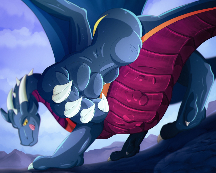 5_toes abdominal_bulge anthro barefoot bunsen dragon duo feet feral hi_res male male/male paws raketh scalie size_difference swallowing toes tongue vore western_dragon wings