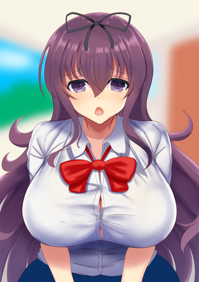 1girl absurdres badge bangs black_ribbon blue_skirt blurry blurry_background bow bowtie breasts bursting_breasts button_badge door eyebrows_visible_through_hair hair_ribbon highres huge_breasts impossible_clothes indoors long_hair looking_at_viewer loose_bowtie murasaki_(senran_kagura) ninimu-home open_mouth painting_(object) pleated_skirt purple_eyes purple_hair red_neckwear ribbon school_uniform senran_kagura shirt skirt solo very_long_hair white_shirt