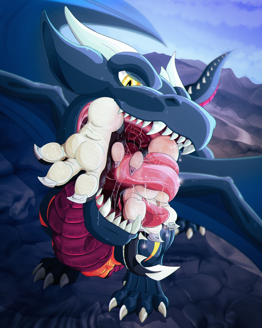 3_toes 5_toes absurd_res anthro barefoot bodily_fluids bunsen dragon duo feet feral foot_fetish foot_lick foot_play hi_res horn licking male male/male neck_bulge open_mouth paws raketh saliva scalie size_difference swallowing teeth throat toes tongue tongue_out vore western_dragon wings