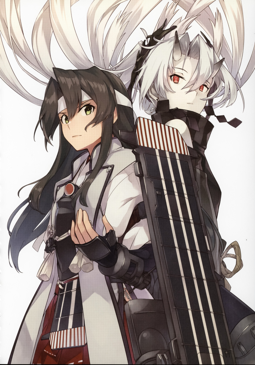 2girls abyssal_crane_princess abyssal_ship alternate_costume alternate_hairstyle armor back-to-back breastplate colored_skin cowboy_shot dark_green_hair detached_sleeves flight_deck gauntlets green_hair hachimaki hair_down headband highres japanese_clothes jinbaori kantai_collection konishi_(koconatu) long_hair machinery multiple_girls muneate official_art red_eyes remodel_(kantai_collection) ribbon scan scan_artifacts tasuki upper_body white_background white_hair white_ribbon white_skin yellow_eyes zuikaku_(kancolle)