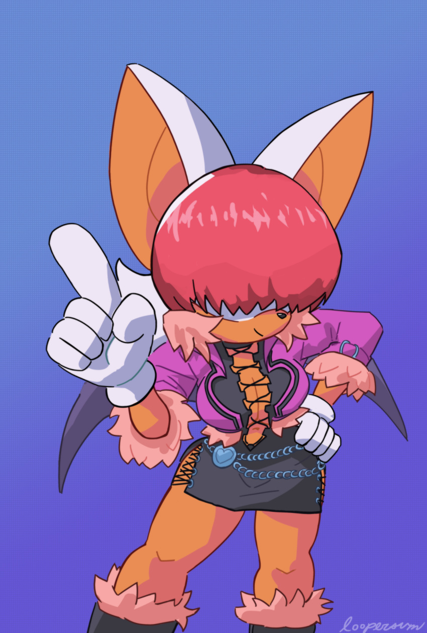 anthro breasts cleavage clothed clothing cosplay female gesture hair_over_eyes hi_res king_of_fighters loopersum pointing rouge_the_bat shermie snk solo sonic_the_hedgehog_(series) wings