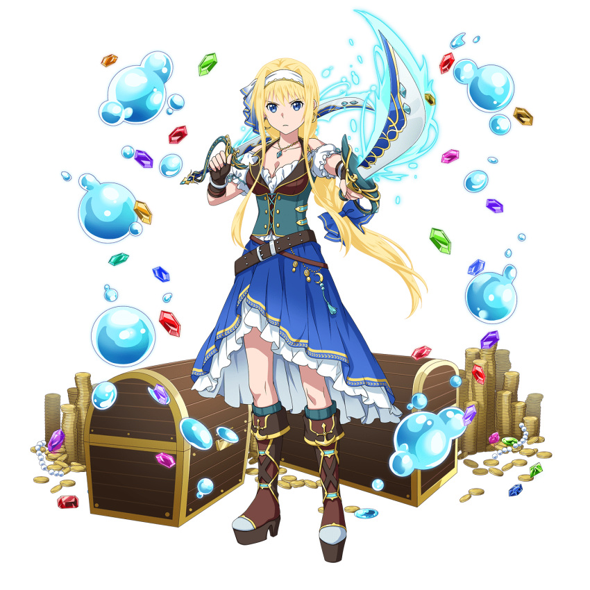 1girl alice_zuberg blonde_hair blue_eyes blue_skirt boots breasts brown_footwear brown_gloves bustier chest cleavage closed_mouth collarbone detached_sleeves dual_wielding fingerless_gloves floating_hair frown full_body gloves gold_coin hair_intakes headband highres holding holding_sword holding_weapon jewelry knee_boots layered_skirt long_hair looking_at_viewer medium_breasts necklace official_art ponytail saber_(weapon) short_sleeves sidelocks skirt solo standing sword sword_art_online sword_art_online:_memory_defrag transparent_background very_long_hair weapon white_headband white_sleeves