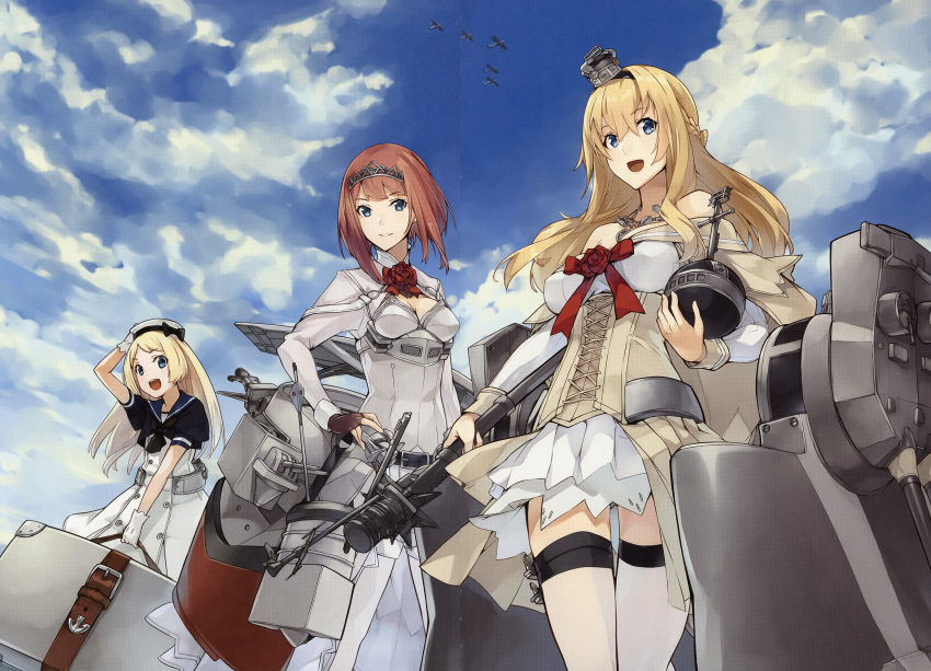 3girls :d ark_royal_(kancolle) arrow_(projectile) ass_visible_through_thighs bangs blonde_hair blue_eyes blue_sailor_collar blunt_bangs bob_cut bow_(weapon) braid brown_gloves cleavage_cutout clothing_cutout corset cowboy_shot crown dress fingerless_gloves flower french_braid garter_straps globus_cruciger gloves hair_between_eyes hairband hat highres holding holding_suitcase jervis_(kancolle) jewelry kantai_collection konishi_(koconatu) long_hair long_sleeves luggage machinery mini_crown multiple_girls necklace off-shoulder_dress off_shoulder official_art open_mouth overskirt pantyhose peaked_cap red_flower red_hair red_ribbon red_rose ribbon rose sailor_collar sailor_dress sailor_hat scan scan_artifacts scepter short_hair shorts sky smile suitcase thighhighs throne tiara tilted_headwear tsurime turret warspite_(kancolle) weapon white_corset white_dress white_gloves white_headwear white_legwear white_shorts