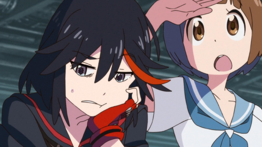 black_hair black_serafuku blue_eyes blue_serafuku bob_cut brown_eyes brown_hair gloves highres kill_la_kill mankanshoku_mako matoi_ryuuko open_mouth red_gloves school_uniform screencap senketsu serafuku teeth