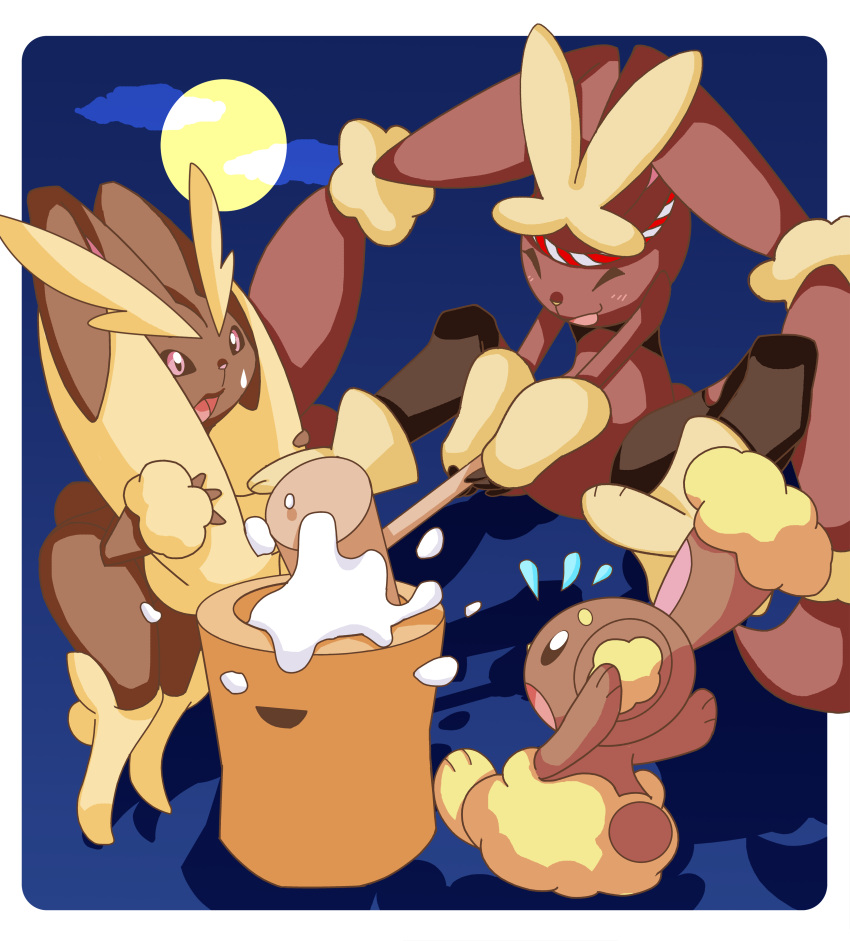 absurd_res accessory ambiguous_gender anthro blush buneary group hammer headband hi_res lagomorph leporid liquid lopunny mammal mega_evolution mega_lopunny nintendo pok&eacute;mon pok&eacute;mon_(species) simple_background tools unknown_artist video_games