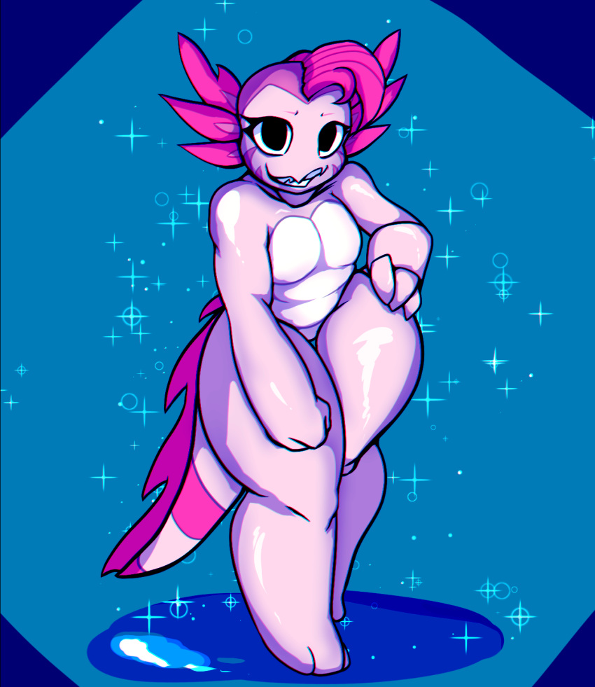 2021 amphibian amphibian_humanoid animal_humanoid anthro axolotl female hair hi_res humanoid lotte_(metapuns) mole_salamander multicolored_body nude pink_body pink_hair salamander_(amphibian) salamander_(disambiguation) shadowfirdark simple_background solo thick_thighs two_tone_body wide_hips