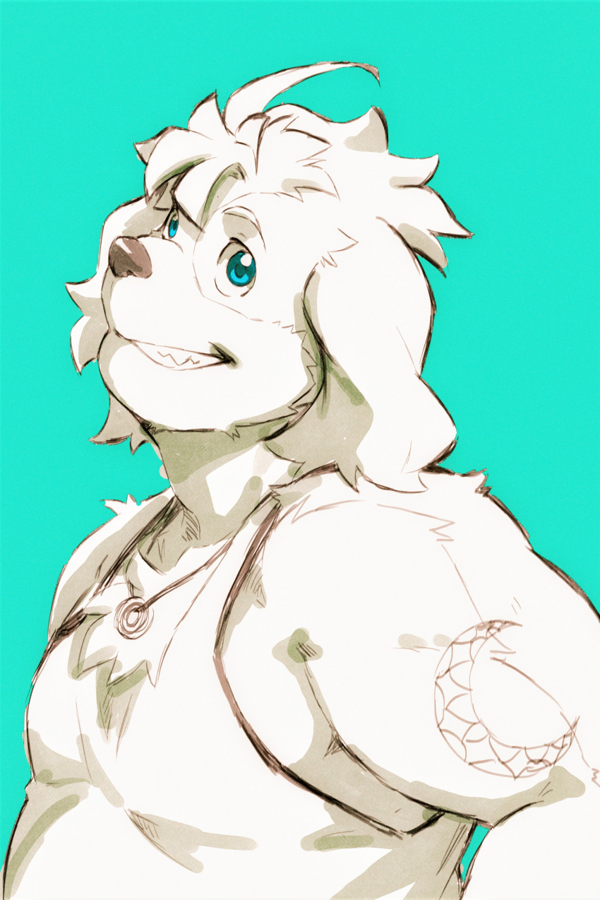 absurd_res anthro biceps bust_portrait canid canine canis domestic_dog floppy_ears green_eyes grin heylaw21 hi_res hisaki_(live-a-hero) jewelry live-a-hero male mammal necklace portrait slightly_chubby smile solo tattoo