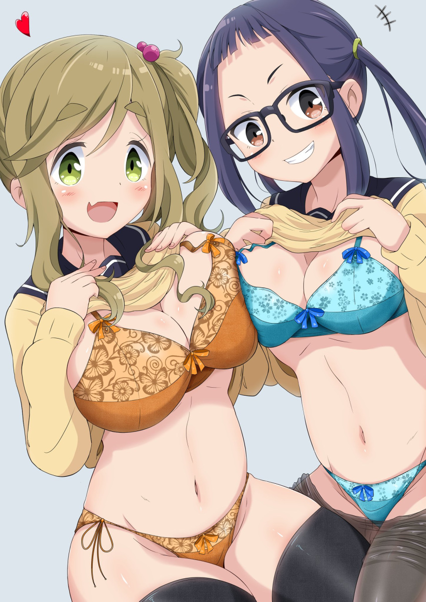 2girls black_legwear blonde_hair blue_background blue_bra blue_hair blue_panties blush bra breasts brown_eyes cleavage clothes_pull eggman_(pixiv28975023) glasses green_eyes grin groin hair_bobbles hair_ornament heart highres inuyama_aoi lifted_by_self looking_at_viewer multiple_girls navel oogaki_chiaki open_mouth orange_bra orange_panties panties pantyhose pantyhose_pull parted_lips school_uniform shiny shiny_hair shirt_lift side-tie_panties simple_background smile thighhighs underwear yurucamp