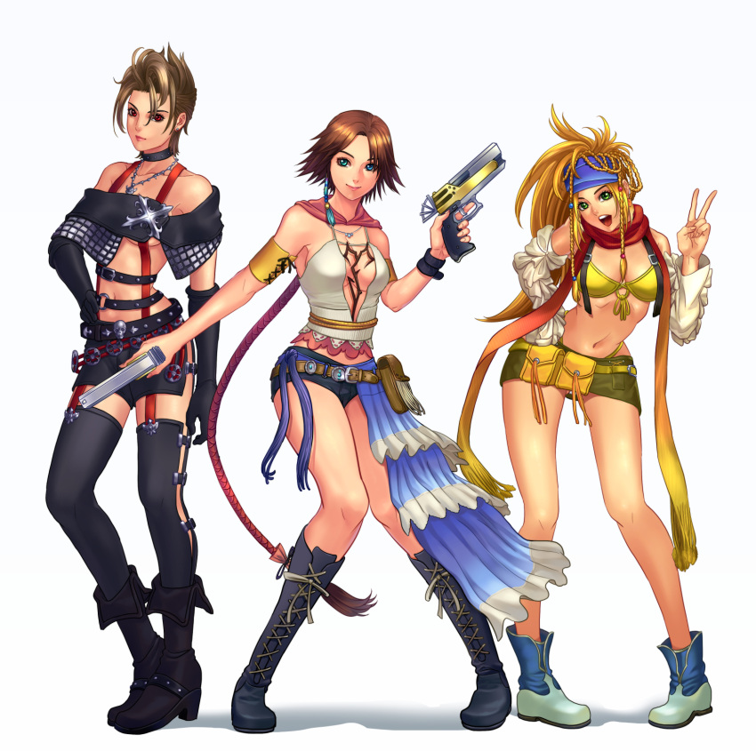 3girls bikini bikini_top blue_headband boots final_fantasy final_fantasy_x final_fantasy_x-2 gun handgun headband heterochromia highres looking_at_viewer miniskirt multiple_girls paine_(ff10) ponytail rikku scarf seed01010 short_shorts shorts showgirl_skirt simple_background skirt smile standing swimsuit thong weapon white_background yellow_bikini yuna_(ff10)