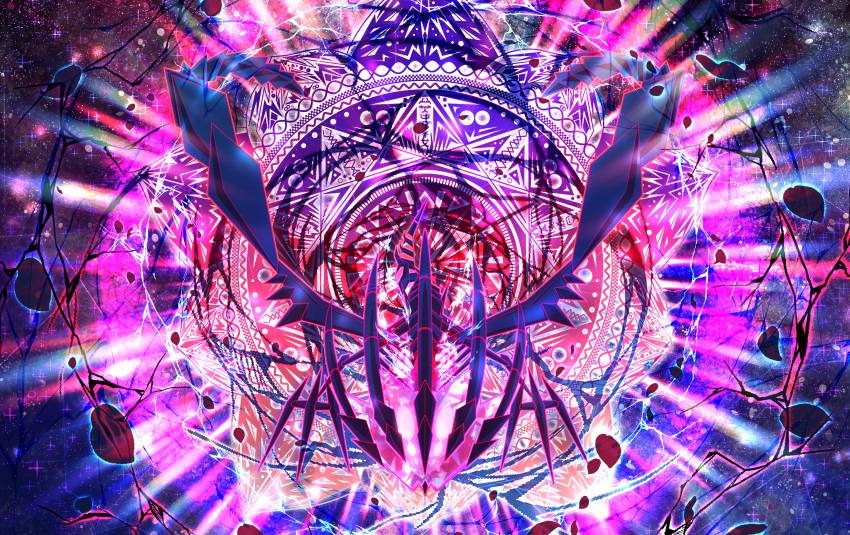 absurdres colorful commentary electricity eternatus eternatus_(normal) full_body gen_8_pokemon glowing highres huge_filesize legendary_pokemon lightning multicolored multicolored_background no_humans pokemon pokemon_(creature) pokemon_(game) pokemon_swsh purple_theme solo star_(sky) star_(symbol) symmetry tagme yama_neko_3