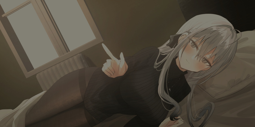 1girl black_bow black_sweater bow breasts brown_legwear chihuri closed_mouth commentary_request dutch_angle ear_piercing female_pov grey_eyes grey_hair hair_bow highres long_hair long_sleeves looking_at_viewer medium_breasts no_pants on_bed original pantyhose piercing pov radiator ribbed_sweater smile solo sweater thighband_pantyhose under_covers window yuri zoya_petrovna_vecheslova