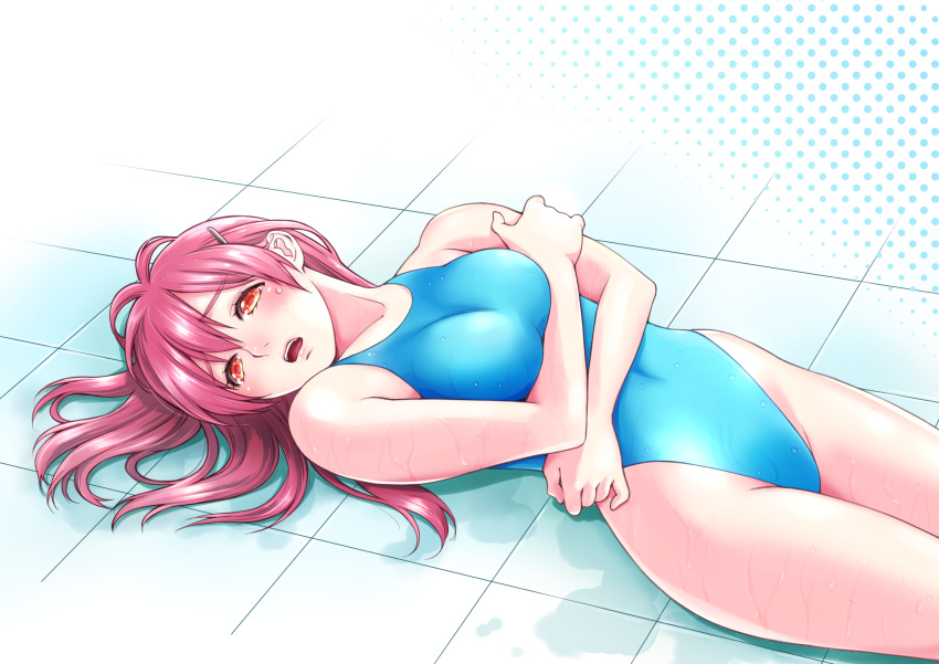 1girl blue_swimsuit breasts commentary_request competition_swimsuit covered_navel cowboy_shot crossed_arms hair_ornament hairclip highres long_hair lying macosee medium_breasts one-piece_swimsuit original red_eyes red_hair solo swimsuit tears tile_floor tiles