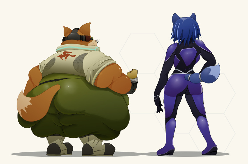 absurd_res anthro belly big_butt blue_body blue_fur blue_hair bodysuit boots butt canid canine clothed clothing dipstick_tail duo female food footwear fox fox_mccloud fur gloves hair hand_on_hip handwear headgear headphones headset hi_res holding_food holding_object jacket krystal male mammal morbidly_obese morbidly_obese_anthro morbidly_obese_male multicolored_tail nintendo obese obese_anthro obese_male orange_body orange_fur overweight overweight_anthro overweight_male rear_view seatbelt_(artist) simple_background skinsuit standing star_fox thick_thighs tight_clothing topwear video_games white_background wide_hips