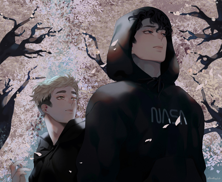 2boys bangs black_eyes black_hair blonde_hair brown_eyes cherry_blossoms from_below haikyuu!! hood hoodie looking_away male_focus miya_atsumu multiple_boys petals sakusa_kiyoomi standing throttlee upper_body