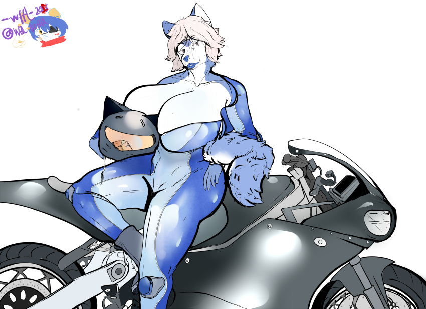 absurd_res big_breasts breasts catsuit_(disambiguation) cleavage clothed clothing female hair hi_res huge_breasts hyper hyper_breasts invalid_tag lips motorcycle motorcycle_helmet silver_hair simple_background solo thick_lips vehicle wffl_(artist)