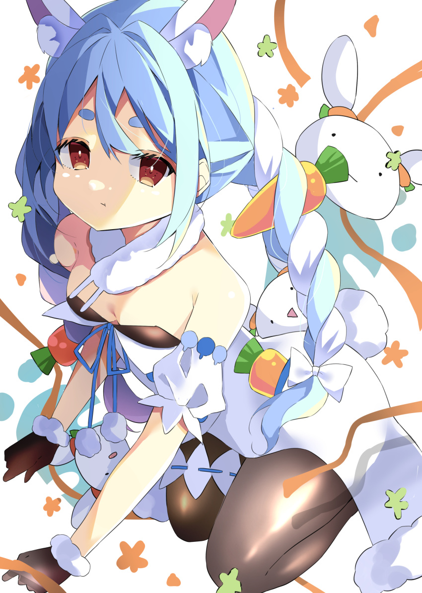 1girl absurdres animal_ear_fluff animal_ears bangs black_gloves black_legwear black_leotard blue_hair bow braid breasts brown_eyes bunny_ears bunny_tail carrot_hair_ornament commentary_request detached_sleeves don-chan_(usada_pekora) dress eyebrows_behind_hair food_themed_hair_ornament fur-trimmed_gloves fur_trim gloves hair_between_eyes hair_bow hair_ornament hamada_pengin highres hololive leotard multicolored_hair nousagi_(usada_pekora) pantyhose puffy_short_sleeves puffy_sleeves rabbit_girl seiza short_eyebrows short_sleeves sitting small_breasts strapless strapless_dress strapless_leotard tail thick_eyebrows twin_braids twintails two-tone_hair usada_pekora virtual_youtuber white_background white_bow white_dress white_hair white_sleeves