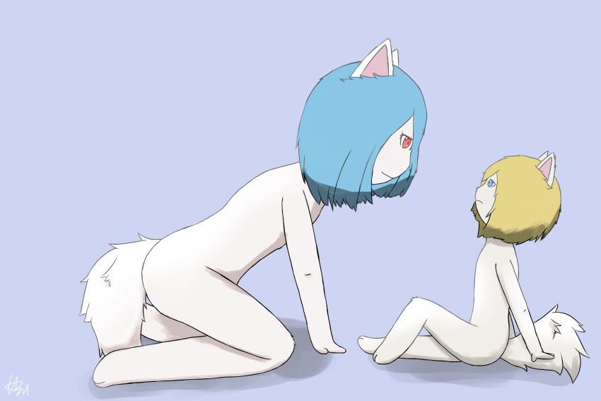 absurd_res age_difference anthro blonde_hair blue_eyes blue_hair domestic_cat duo felid feline felis female hair hi_res male male/female mammal ranlunghsu red_eyes size_difference white_body white_tail