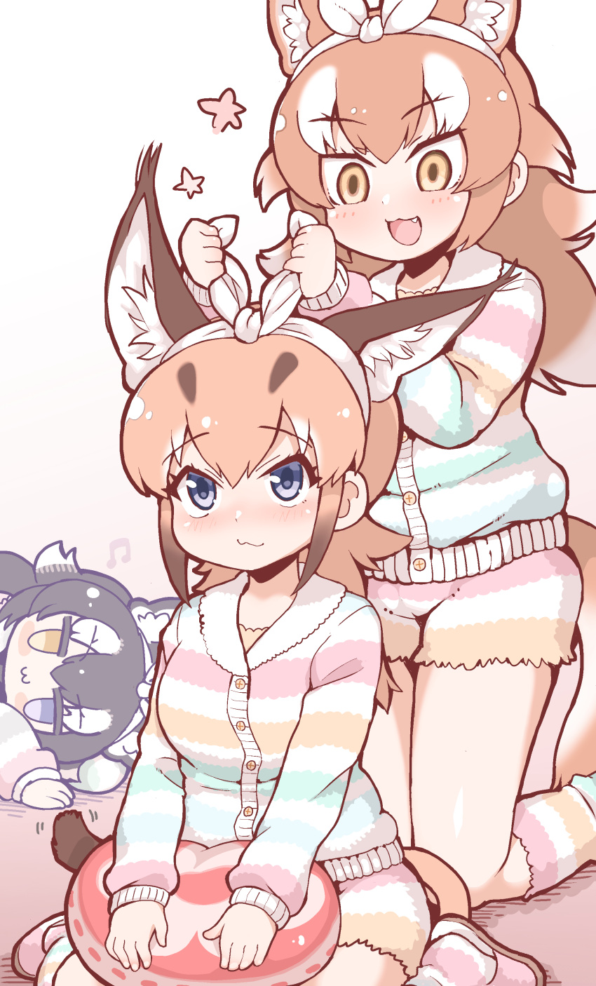 3girls :3 :d absurdres animal_ear_fluff animal_ears bangs blue_eyes blush bow caracal_(kemono_friends) caracal_ears caracal_girl caracal_tail commentary extra_ears eyebrows_visible_through_hair fang grey_wolf_(kemono_friends) hair_bow heterochromia highres japanese_wolf_(kemono_friends) kemono_friends kemono_friends_3 kneehighs light_brown_hair long_hair lying matching_outfit multiple_girls official_alternate_costume on_side open_mouth pajamas shorts sitting sleepover slippers smile socks striped striped_legwear striped_pajamas striped_shorts tail tanaka_kusao wariza wolf_ears wolf_girl wolf_tail yellow_eyes