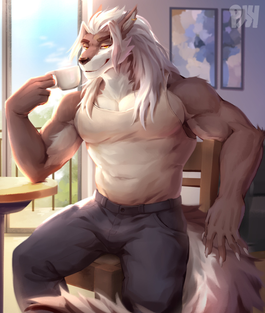 absurd_res anthro barazoku biceps bottomwear canid canine canis clothed clothing cup digital_media_(artwork) fur hair hi_res male mammal physen simple_background solo topwear wolf