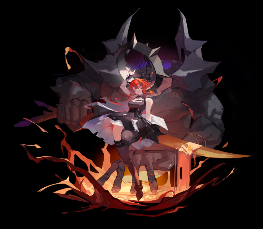 1girl absurdres arknights arm_up bare_shoulders black_background black_dress black_footwear black_legwear breasts chinese_commentary cleavage collar commentary_request demon demon_girl demon_horns dress head_tilt highres horns kevin_krypton long_hair looking_at_viewer medium_breasts molten_rock purple_eyes red_hair shoes simple_background solo spiked_collar spikes surtr_(arknights) sword thighhighs weapon
