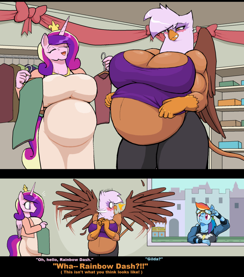 anthro anthrofied avian belly big_belly big_breasts blush breasts canterlot clothing clothing_pull droll3 duo equid equine expecting feathered_wings feathers female friendship_is_magic gilda_(mlp) gryphon hair hasbro hi_res horn horse humanoid long_hair looking_at_another looking_down mammal my_little_pony mythological_avian mythology pegasus pony pregnant pregnant_female princess_cadance_(mlp) rainbow_dash_(mlp) small_clothing spread_wings store winged_unicorn wings