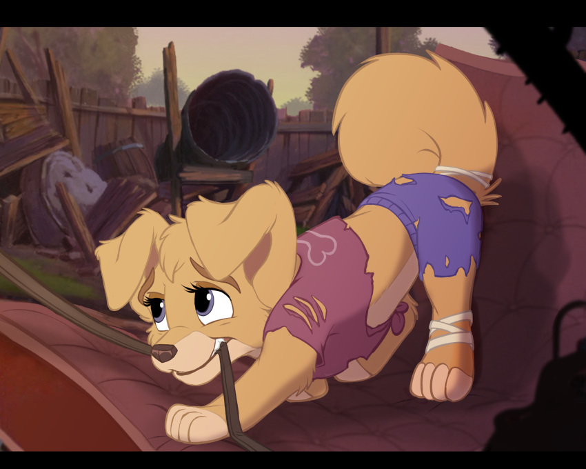 angel_(lady_and_the_tramp) canid canine canis clothing disney domestic_dog female feral hi_res lady_and_the_tramp leash mammal solo wugi