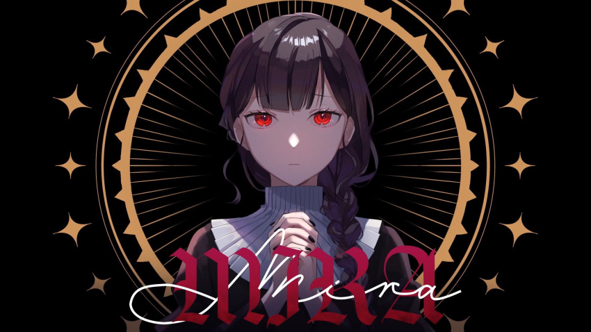 1girl backlighting bangs black_background black_dress black_nails braid brown_hair commentary_request dress furrowed_eyebrows gim_(gim-gim-3919) hanabasami_kyou hands_together highres light_frown looking_at_viewer mira_(vocaloid) nail_polish nun praying re:act red_eyes second-party_source single_braid solo song_name upper_body virtual_youtuber