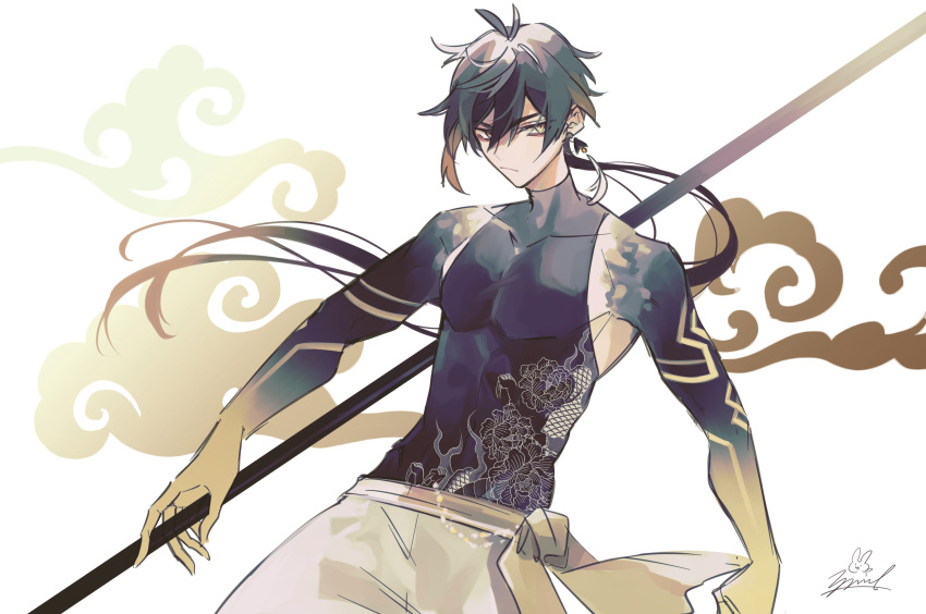 1boy absurdres arm_tattoo bangs bare_shoulders black_hair brown_hair clothing_request cloud collarbone commentary_request earrings egasumi eyebrows_visible_through_hair eyeliner eyeshadow floral_print genshin_impact gradient_hair hair_between_eyes highres holding holding_spear holding_weapon jewelry long_hair looking_at_viewer makeup male_focus multicolored_hair open_mouth polearm ponytail red_eyeshadow simple_background single_earring sleeveless solo spear tassel tassel_earrings tattoo toned toned_male weapon white_background yellow_eyes zhongli_(genshin_impact) zoo_min