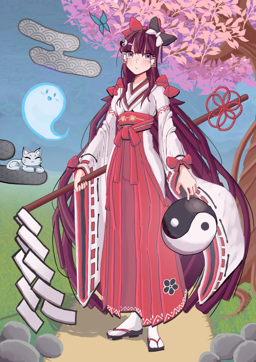 1girl :/ absurdres blush bug butterfly cat closed_mouth commentary egasumi eyebrows_visible_through_hair full_body ghost gohei hair_ribbon hair_tubes hakurei_reimu hakurei_reimu_(pc-98) highres hitodama holding insect japanese_clothes long_hair looking_at_viewer orb ribbon road solo standing touhou touhou_(pc-98) tree very_long_hair wide_sleeves yin_yang yin_yang_orb