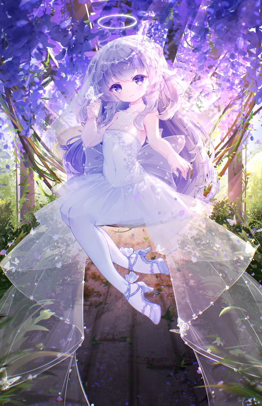 1girl absurdres blue_eyes bride bug butterfly covered_navel dress flat_chest gloves halo hanajiang high_heels highres indie_virtual_youtuber insect long_hair outdoors pantyhose purple_hair see-through shanoa_(vtuber) shoes short_dress sitting smile solo strapless strapless_dress two_side_up veil virtual_youtuber wedding_dress white_dress white_footwear white_legwear
